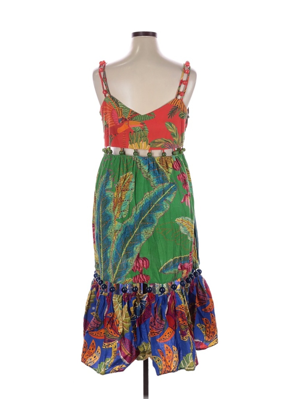 FARM Rio Colorful Mixed-Print Tiered Beased Midi Dress in Red, Green & Blue - Picture 6 of 16